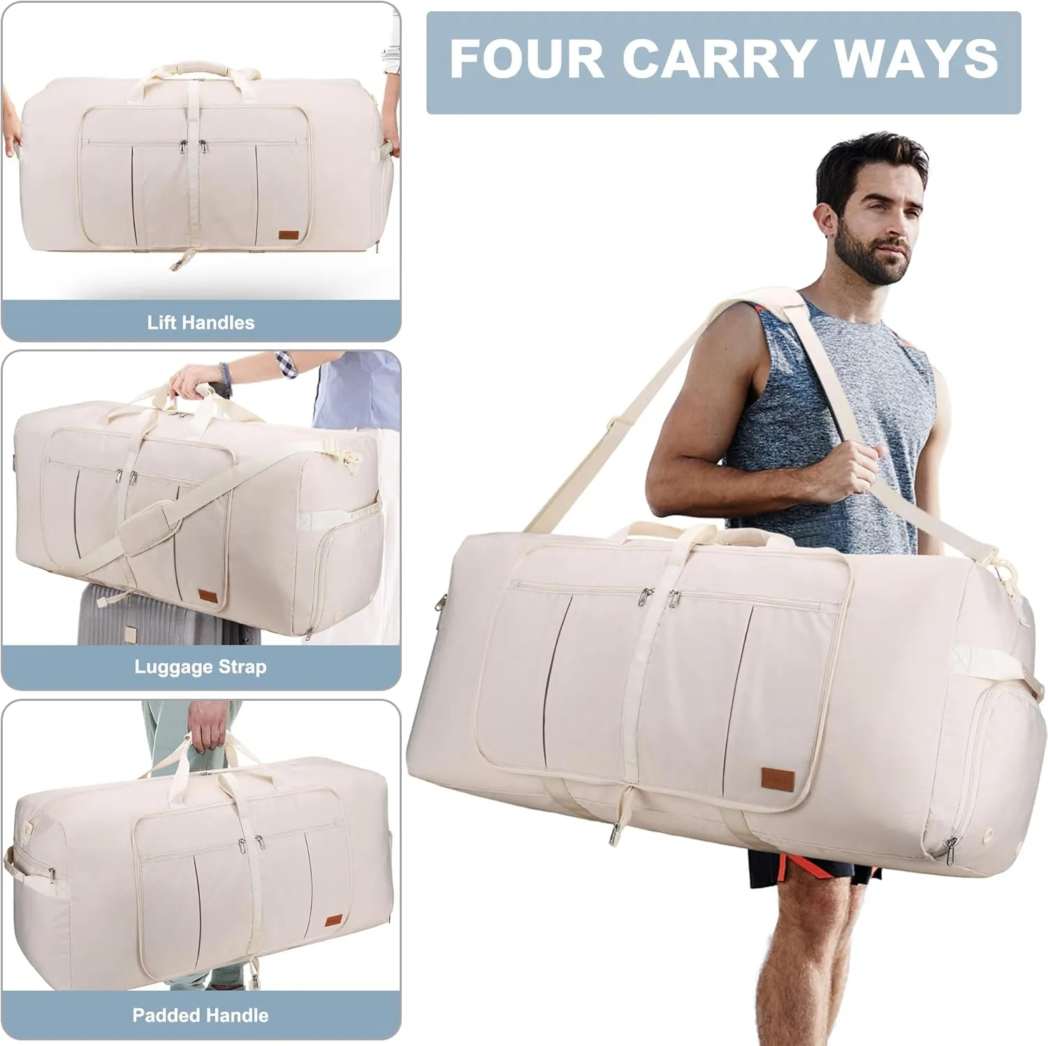 100L Travel Duffle Bag for Men and Women, Urtala 32 Large Duffle Bag for Traveling with Shoe Compartment, Foldable Duffel Bag Water & Tear Resistant (Beige)