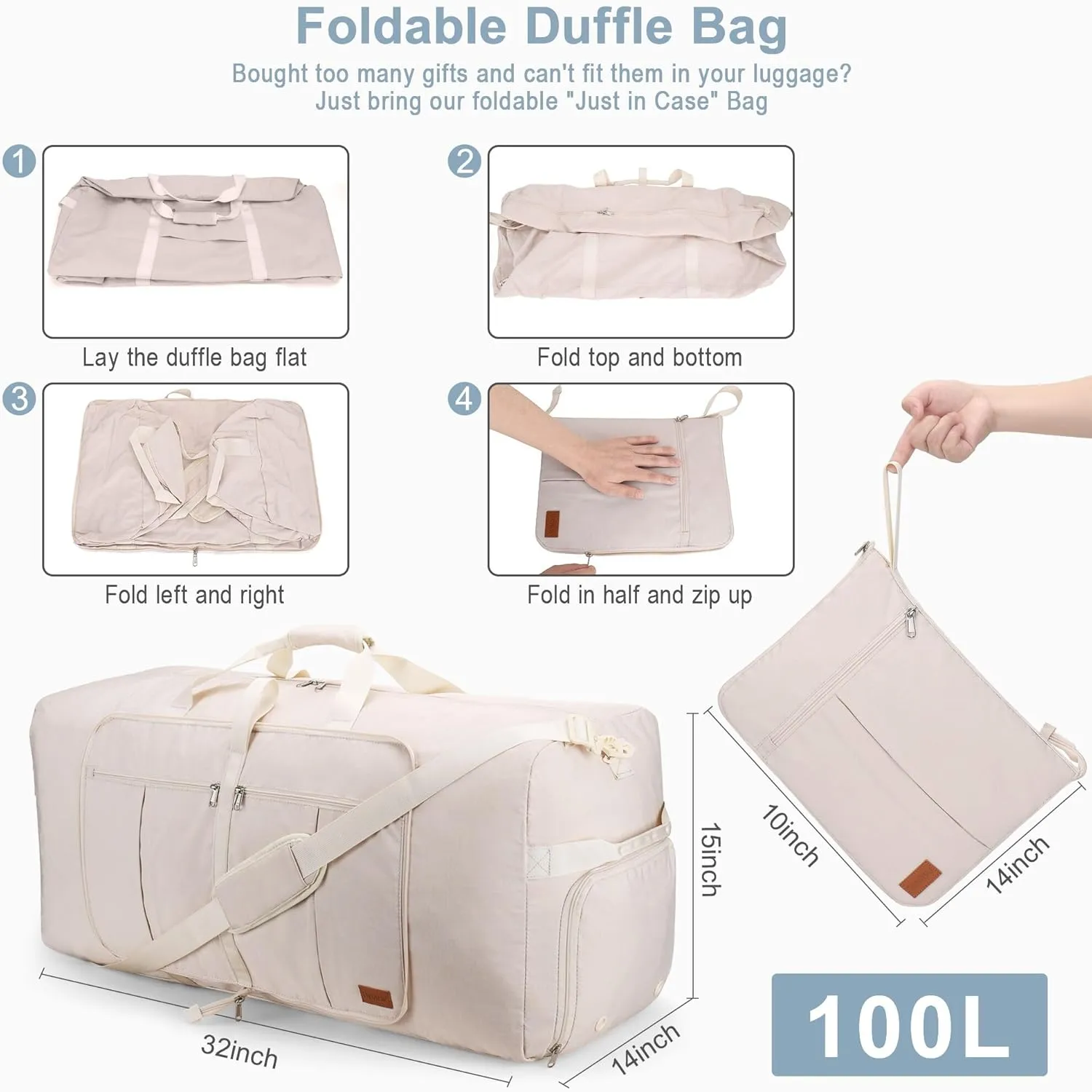 100L Travel Duffle Bag for Men and Women, Urtala 32 Large Duffle Bag for Traveling with Shoe Compartment, Foldable Duffel Bag Water & Tear Resistant (Beige)