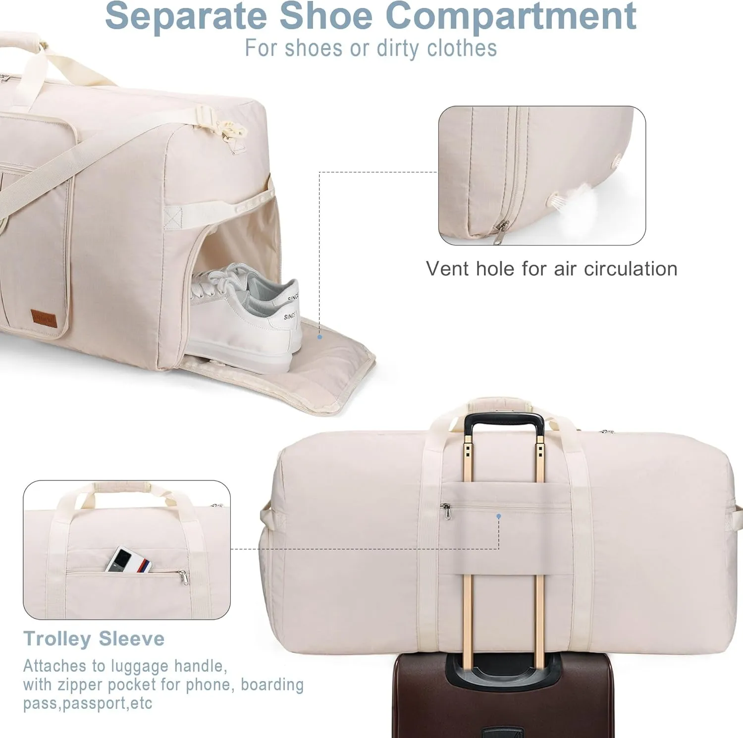 100L Travel Duffle Bag for Men and Women, Urtala 32 Large Duffle Bag for Traveling with Shoe Compartment, Foldable Duffel Bag Water & Tear Resistant (Beige)