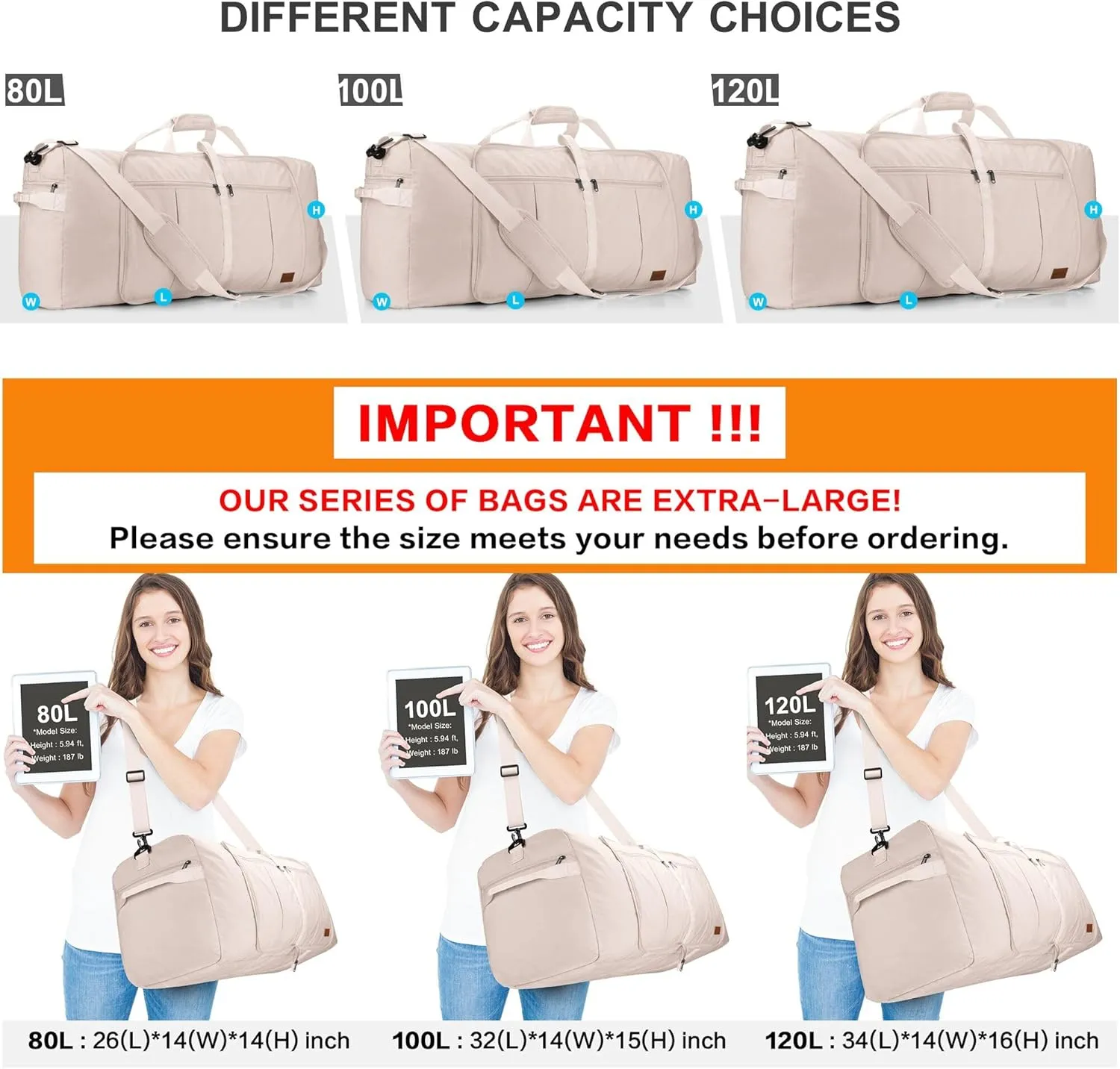 100L Travel Duffle Bag for Men and Women, Urtala 32 Large Duffle Bag for Traveling with Shoe Compartment, Foldable Duffel Bag Water & Tear Resistant (Beige)