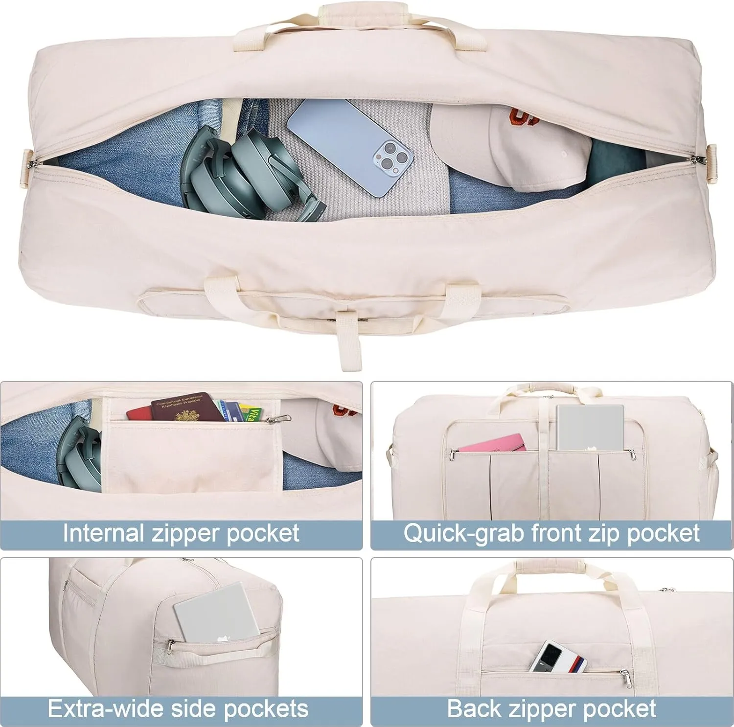 100L Travel Duffle Bag for Men and Women, Urtala 32 Large Duffle Bag for Traveling with Shoe Compartment, Foldable Duffel Bag Water & Tear Resistant (Beige)