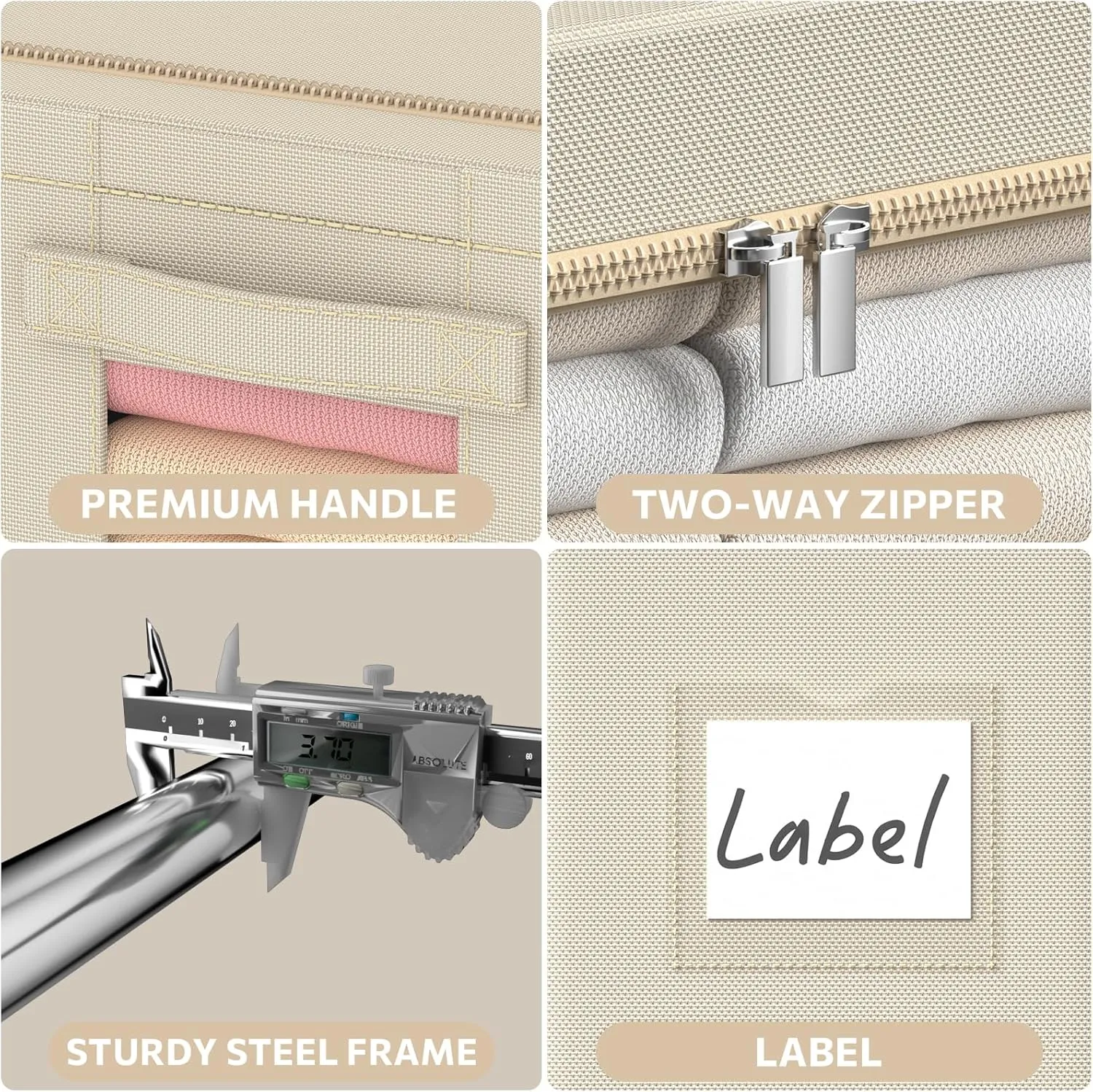 3Pack Frame Storage Box - Clothes Storage Bin Bags Oxford Fabric Foldable Stackable Container Organizer Set with Clear Window & Carry Handles Large Capacity (Beige, Large-66L)
