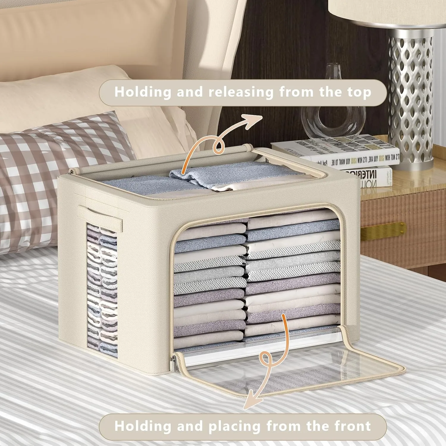 3Pack Frame Storage Box - Clothes Storage Bin Bags Oxford Fabric Foldable Stackable Container Organizer Set with Clear Window & Carry Handles Large Capacity (Beige, Large-66L)