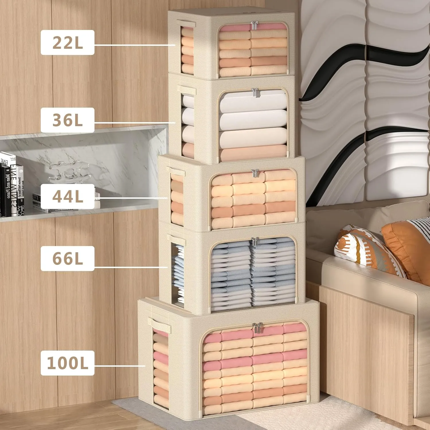 3Pack Frame Storage Box - Clothes Storage Bin Bags Oxford Fabric Foldable Stackable Container Organizer Set with Clear Window & Carry Handles Large Capacity (Beige, Large-66L)