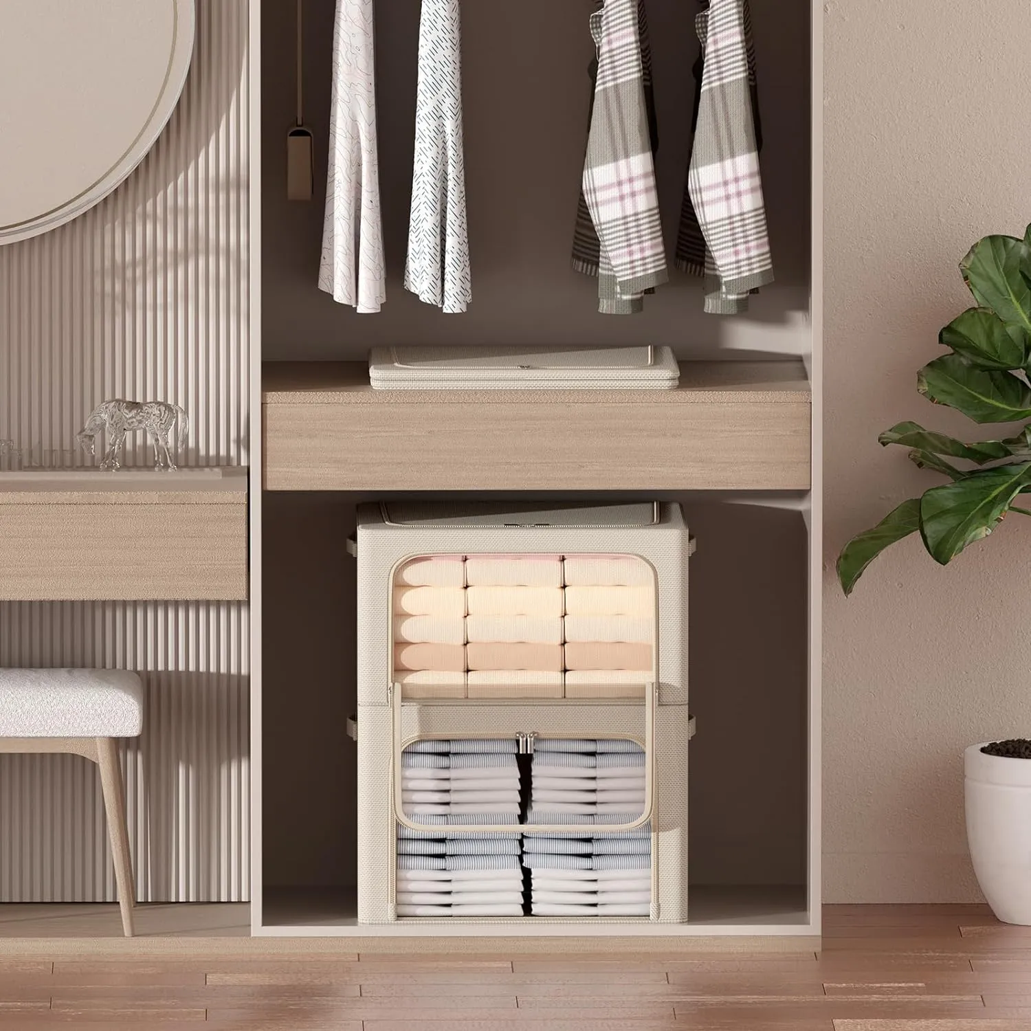3Pack Frame Storage Box - Clothes Storage Bin Bags Oxford Fabric Foldable Stackable Container Organizer Set with Clear Window & Carry Handles Large Capacity (Beige, Large-66L)