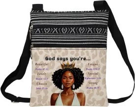 African American Messenger Bag Small Ethnic Pattern Adjustable Strap Crossbody Zipper Pouch Afro Queen Inspiring Phone Organizer Wallet Bible Quote Shoulder Handbag for Black Women