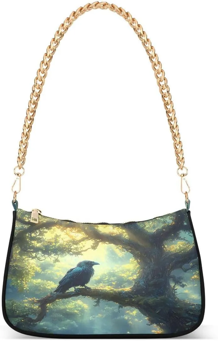 ALAZA Bird Fantasy Landscape Chian Shoulder Bag Handbags Tote Mini Clutch Purse Hobo Bag with Zipper Closure for Women