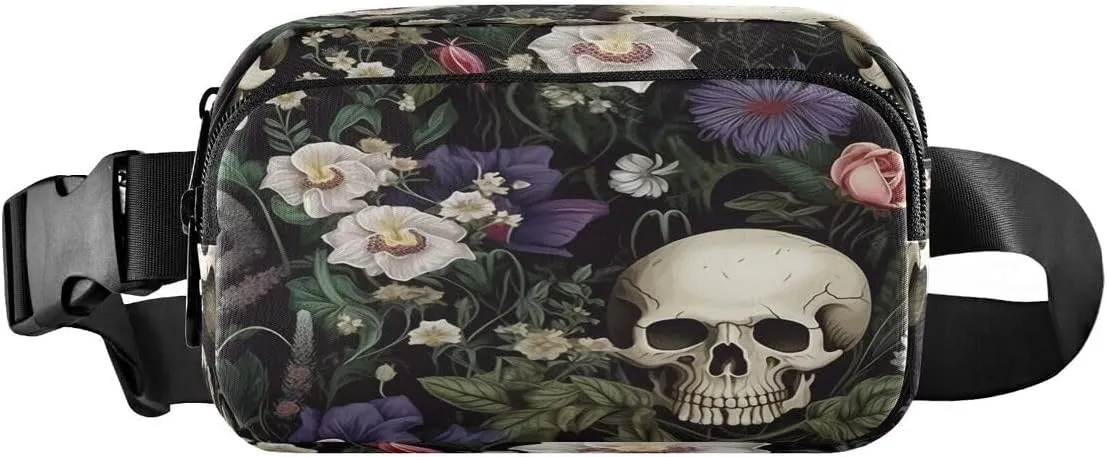 ALAZA Tropical Sugar Skull Flower Leaves Waist Packs Spot Belt Bag Crossbody Bag Fanny Pack Pouch for Men Women Hiking Running Cycling Traveling
