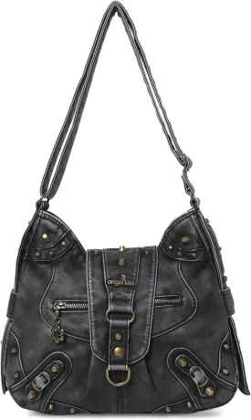 Angel Kiss Hobo Bag for Women Studded Vegan Leather Shoulder Purses and Handbags Retro Roomy Daily Crossbody Bags Medium Size
