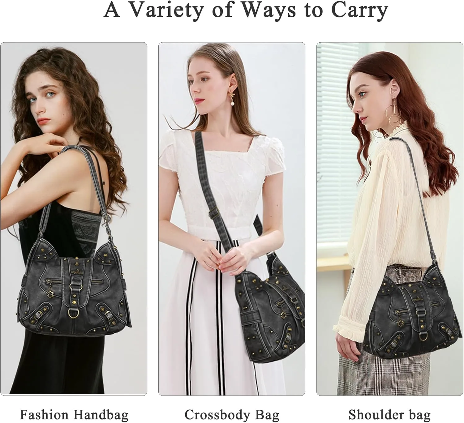 Angel Kiss Hobo Bag for Women Studded Vegan Leather Shoulder Purses and Handbags Retro Roomy Daily Crossbody Bags Medium Size