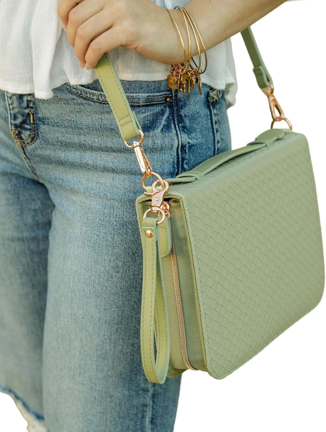 Bible Cover Case for Women, Bible Case, Weave with Crossbody Shoulder Strap, Premium Vegan Leather Bible Cases for Woman, Minimalist Design, Water Resistant Bible Cover (Sage)