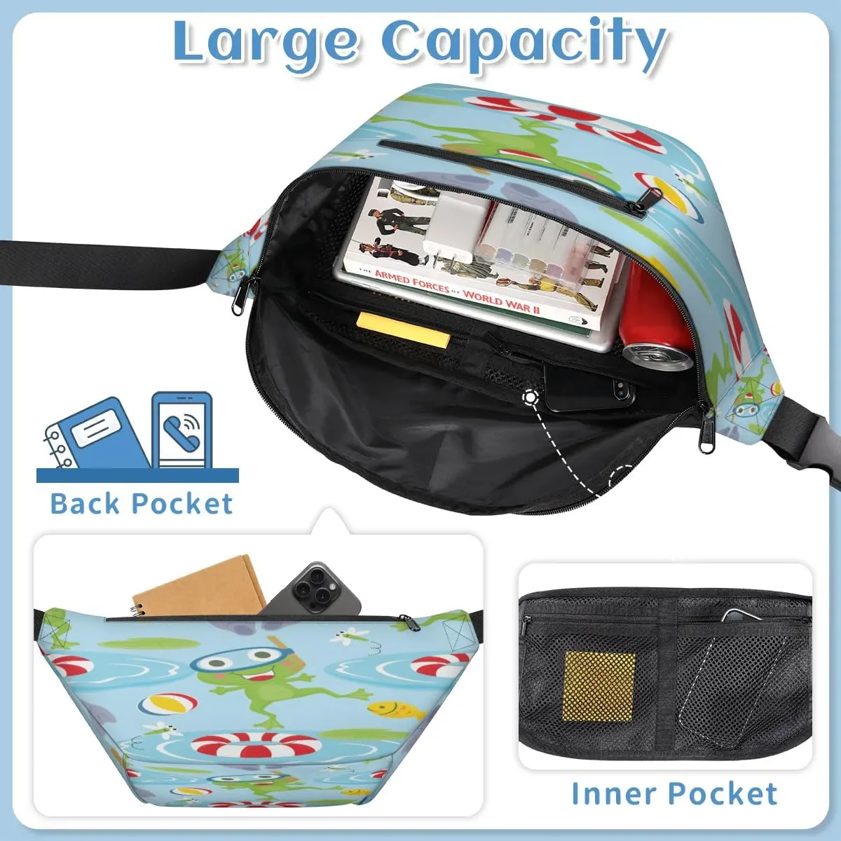 Cartoon Frog Paint Crossbody Sling Bag for Women Men Crossbody Backpack with 4 Zipper Pockets Fanny Pack Shoulder Casual Daypack for Travel Running Hiking Cycling