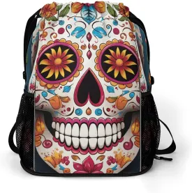 Drawstring Backpack for Women Colorful Sugar Skull Travel Backpack for Men Drawstring Bag Zipper Pocket Sport Bag