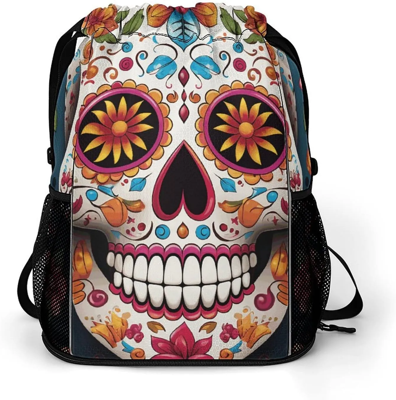 Drawstring Backpack for Women Colorful Sugar Skull Travel Backpack for Men Drawstring Bag Zipper Pocket Sport Bag
