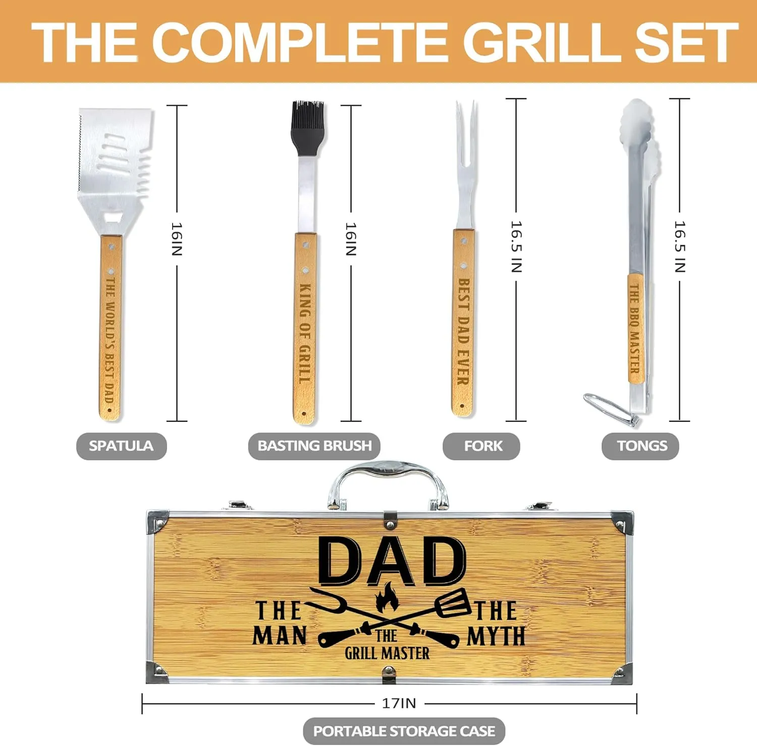 Fathers Day Dad Gifts from Daughter Heavy Duty Wooden BBQ Grilling Accessories Kit for Backyard, Thick Stainless Steel Grill Utensils with Non-Slip Handle Tools in Portable Bag Birthday