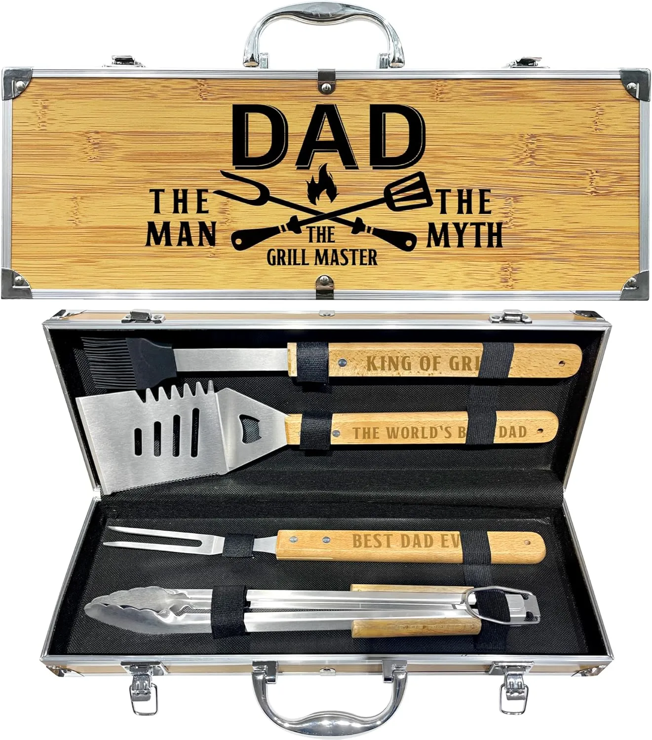 Fathers Day Dad Gifts from Daughter Heavy Duty Wooden BBQ Grilling Accessories Kit for Backyard, Thick Stainless Steel Grill Utensils with Non-Slip Handle Tools in Portable Bag Birthday