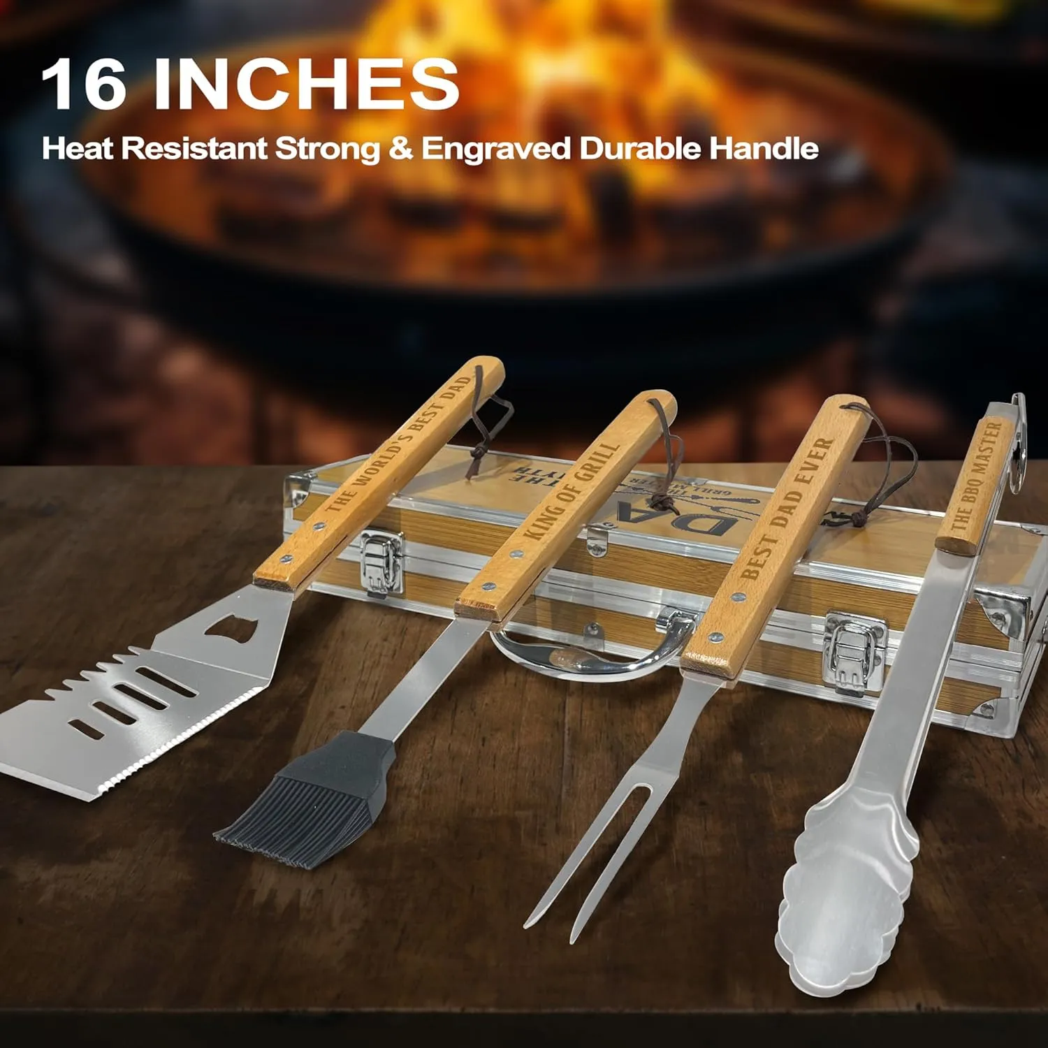 Fathers Day Dad Gifts from Daughter Heavy Duty Wooden BBQ Grilling Accessories Kit for Backyard, Thick Stainless Steel Grill Utensils with Non-Slip Handle Tools in Portable Bag Birthday
