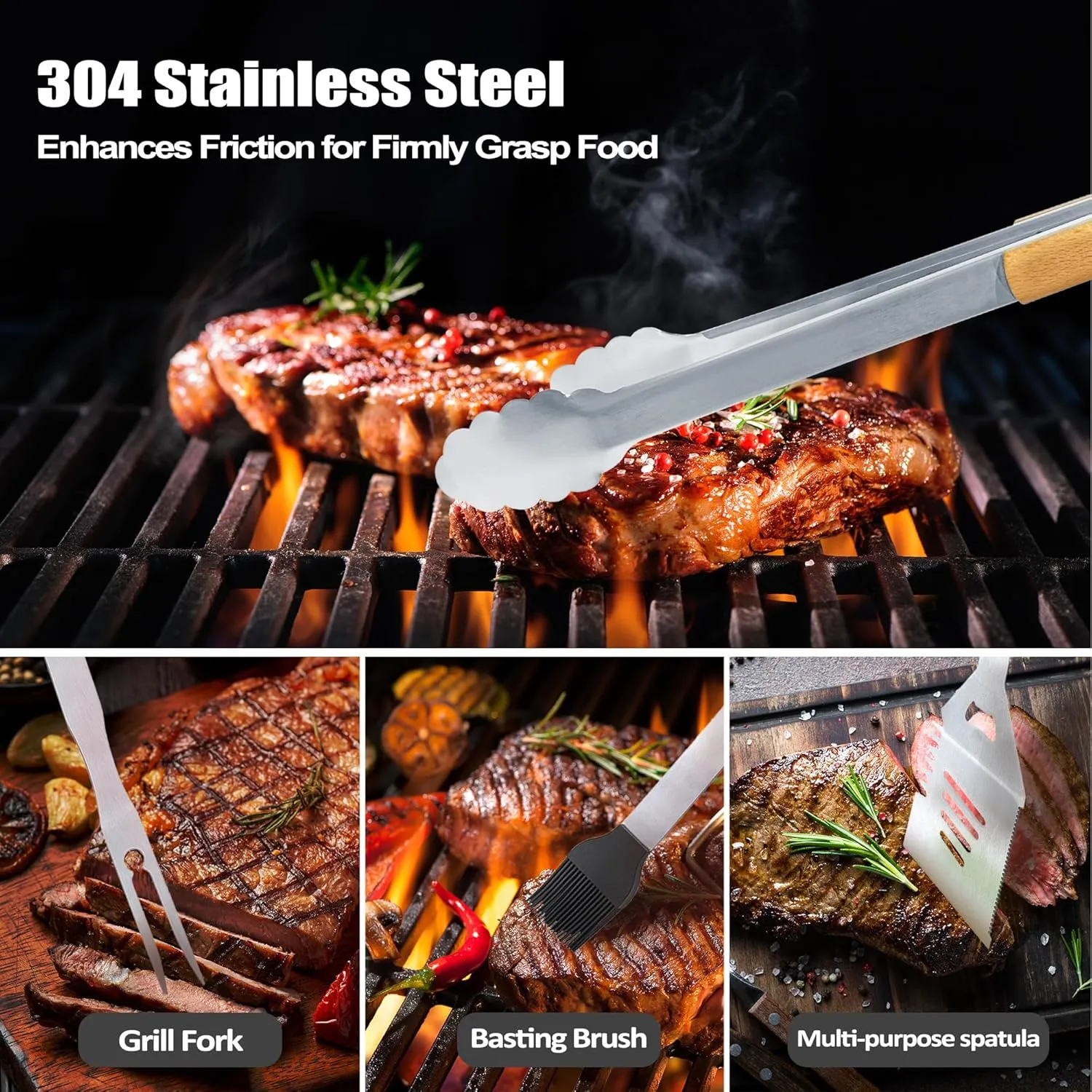 Fathers Day Dad Gifts from Daughter Heavy Duty Wooden BBQ Grilling Accessories Kit for Backyard, Thick Stainless Steel Grill Utensils with Non-Slip Handle Tools in Portable Bag Birthday