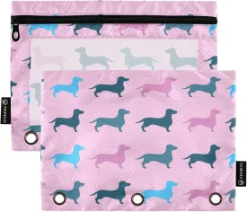 Fisyme Dachshund Colorful Dog Pencil Pouch for 3 Ring Binder Pencil Case Pencil Bag Zipper Pouch with Clear Window for Office 2 Pack
