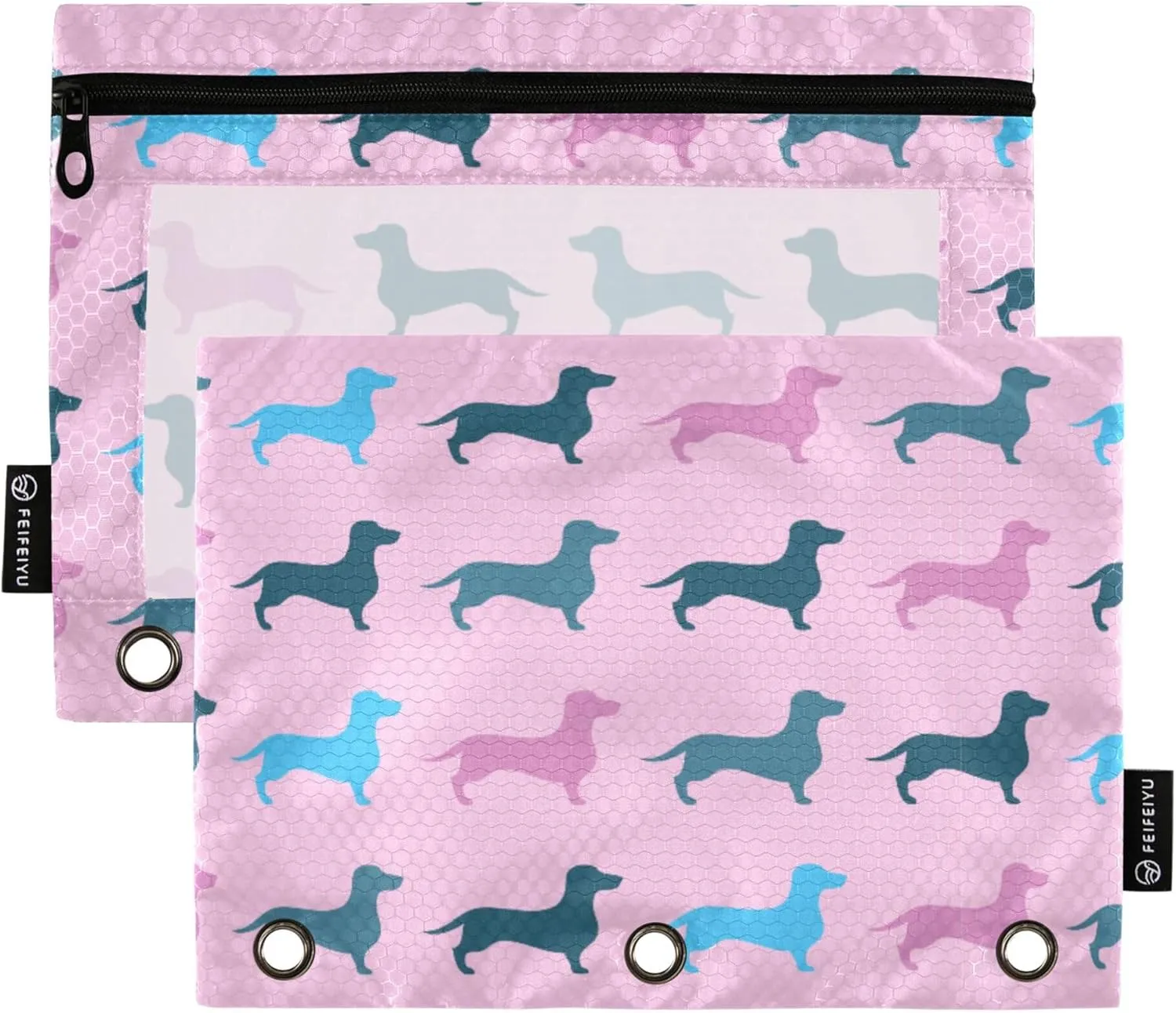 Fisyme Dachshund Colorful Dog Pencil Pouch for 3 Ring Binder Pencil Case Pencil Bag Zipper Pouch with Clear Window for Office 2 Pack