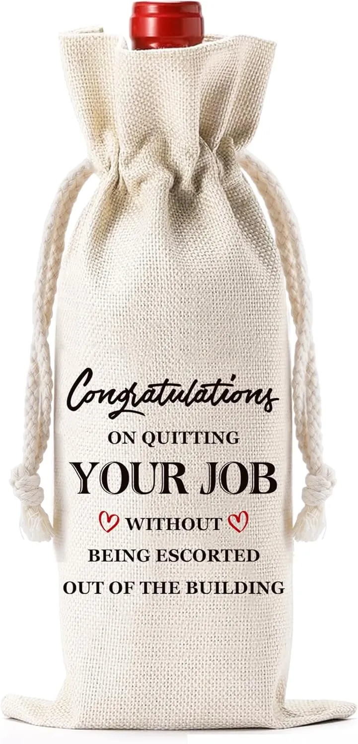 Funny Leaving Job Wine Bag, Reusable Burlap Drawstring Bag Farewell Gift for Coworkers Boss Employees Women Men Mom Dad Teachers Nurses Grandmother Goodbye Presents Resignation Retirement Party