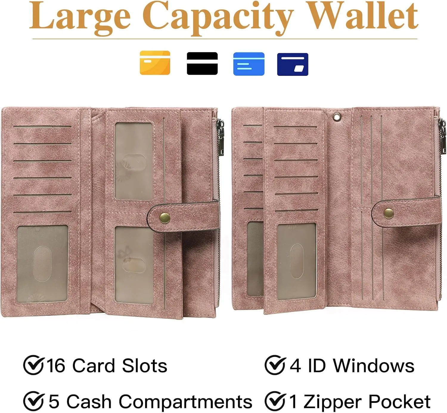 GOIACII Women's Wallet RFID Blocking Ladies Wristlet Clutch Large Capacity Credit Card Holder Leather 4 ID Window Pink