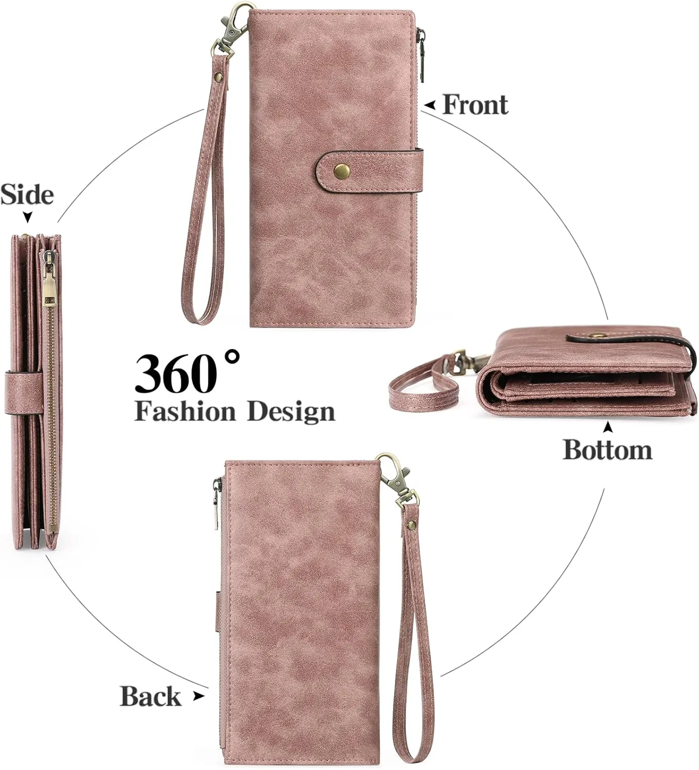 GOIACII Women's Wallet RFID Blocking Ladies Wristlet Clutch Large Capacity Credit Card Holder Leather 4 ID Window Pink