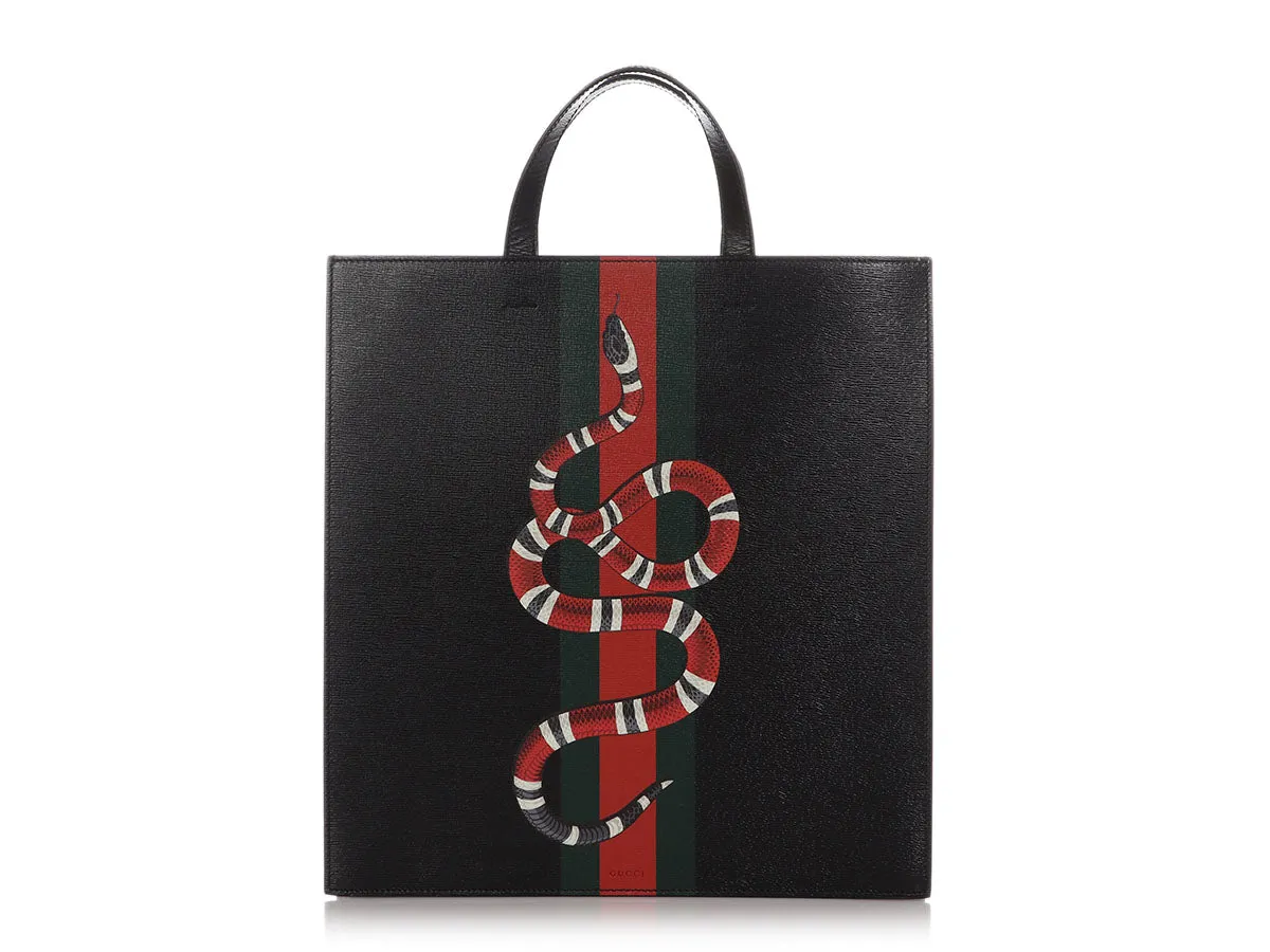 Gucci Black Leather Kingsnake Print Tote
