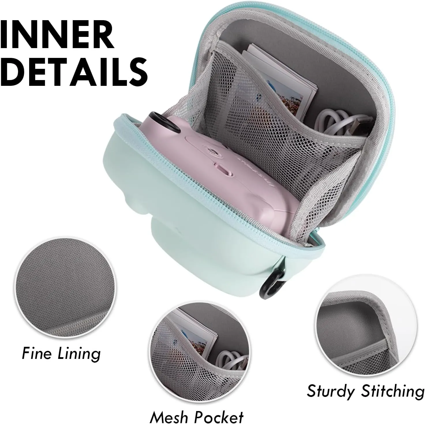 Hard EVA Storage Case Widely Compatible with Fujifilm Instax Mini 12/11/9/8/99/90/40, Instant Camera Protective Carrying Case with Adjustable Strap - Mint Green