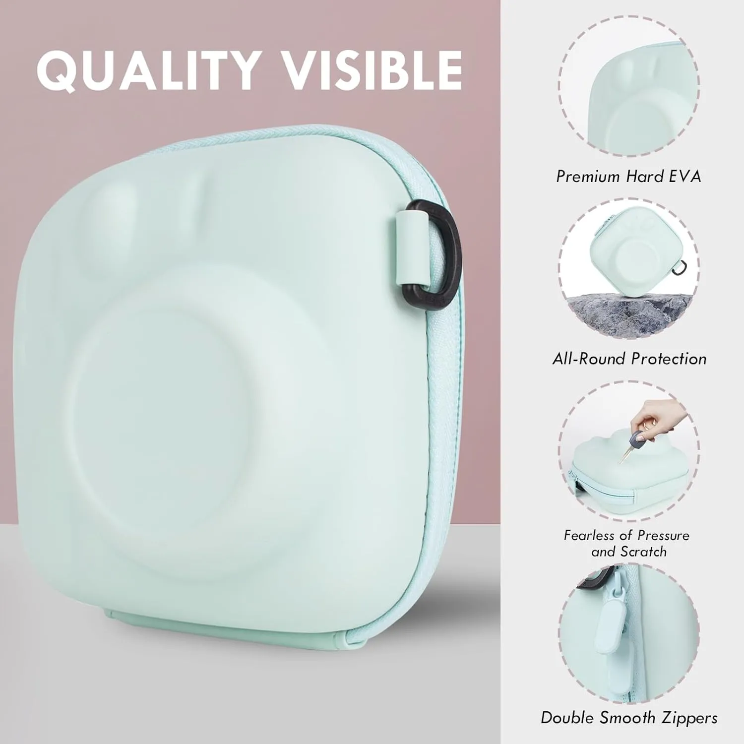 Hard EVA Storage Case Widely Compatible with Fujifilm Instax Mini 12/11/9/8/99/90/40, Instant Camera Protective Carrying Case with Adjustable Strap - Mint Green