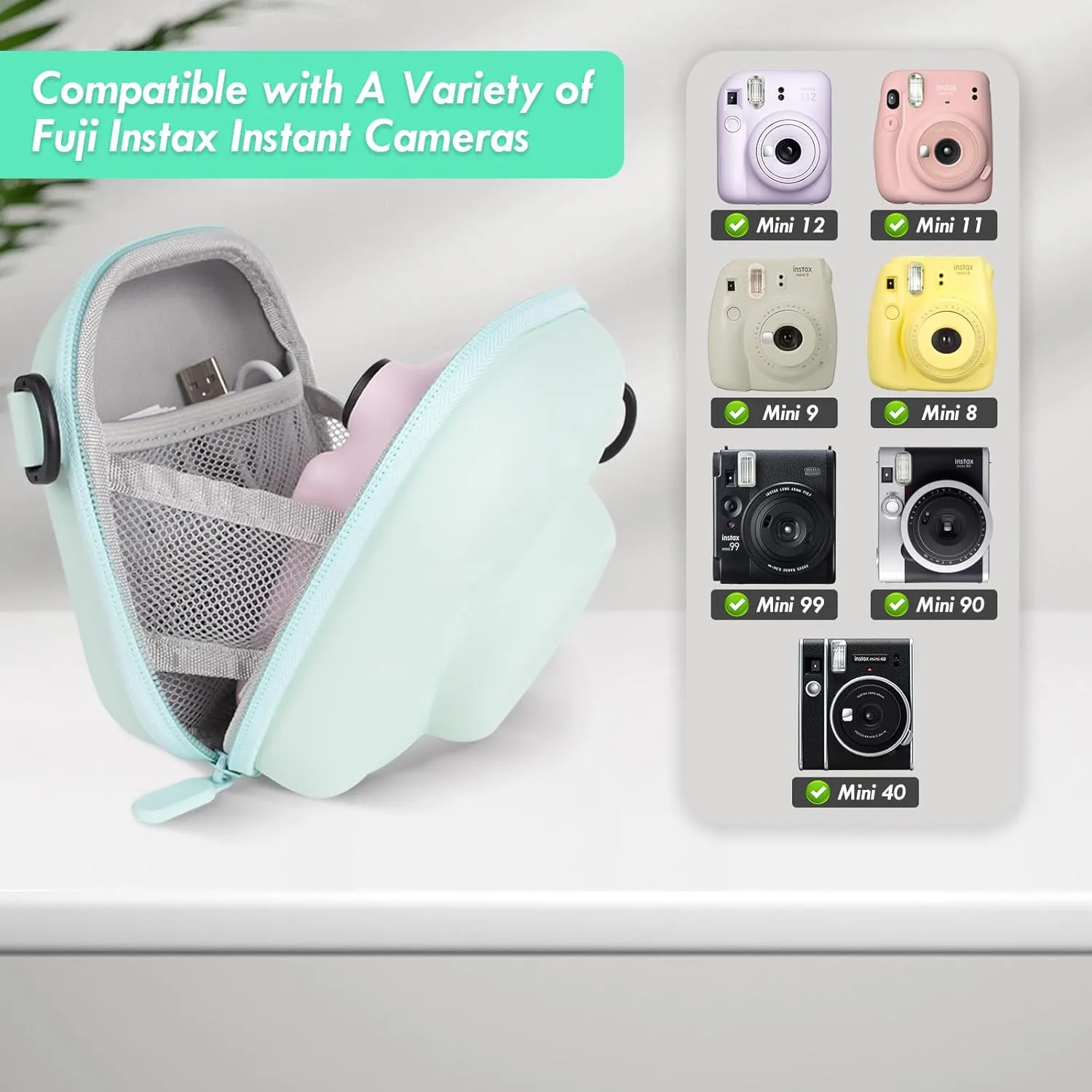Hard EVA Storage Case Widely Compatible with Fujifilm Instax Mini 12/11/9/8/99/90/40, Instant Camera Protective Carrying Case with Adjustable Strap - Mint Green