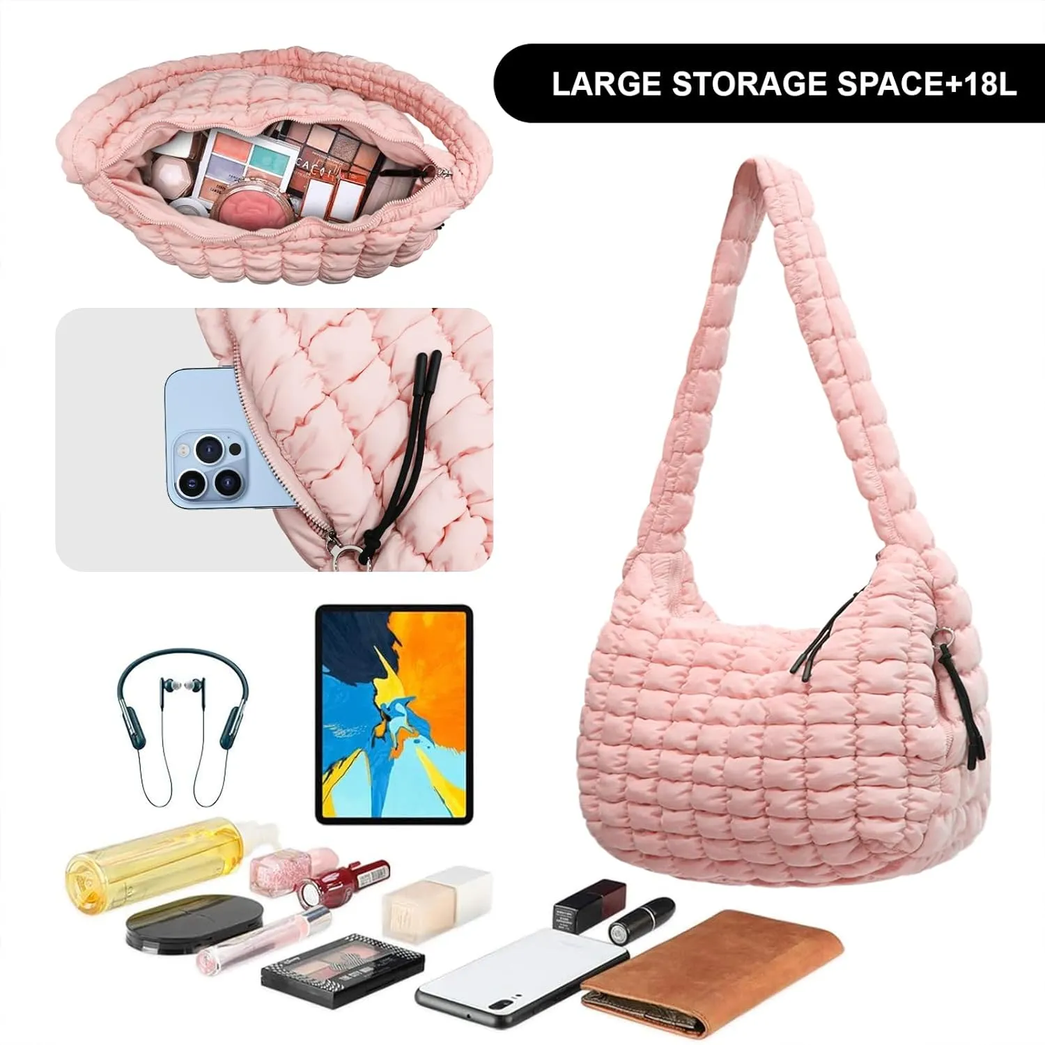 Large Puffer Tote Bag for Women Quilted Crossbody Bag, Hobo Quilted Tote Bag Crossbody Shoulder Handbags Puff Purse