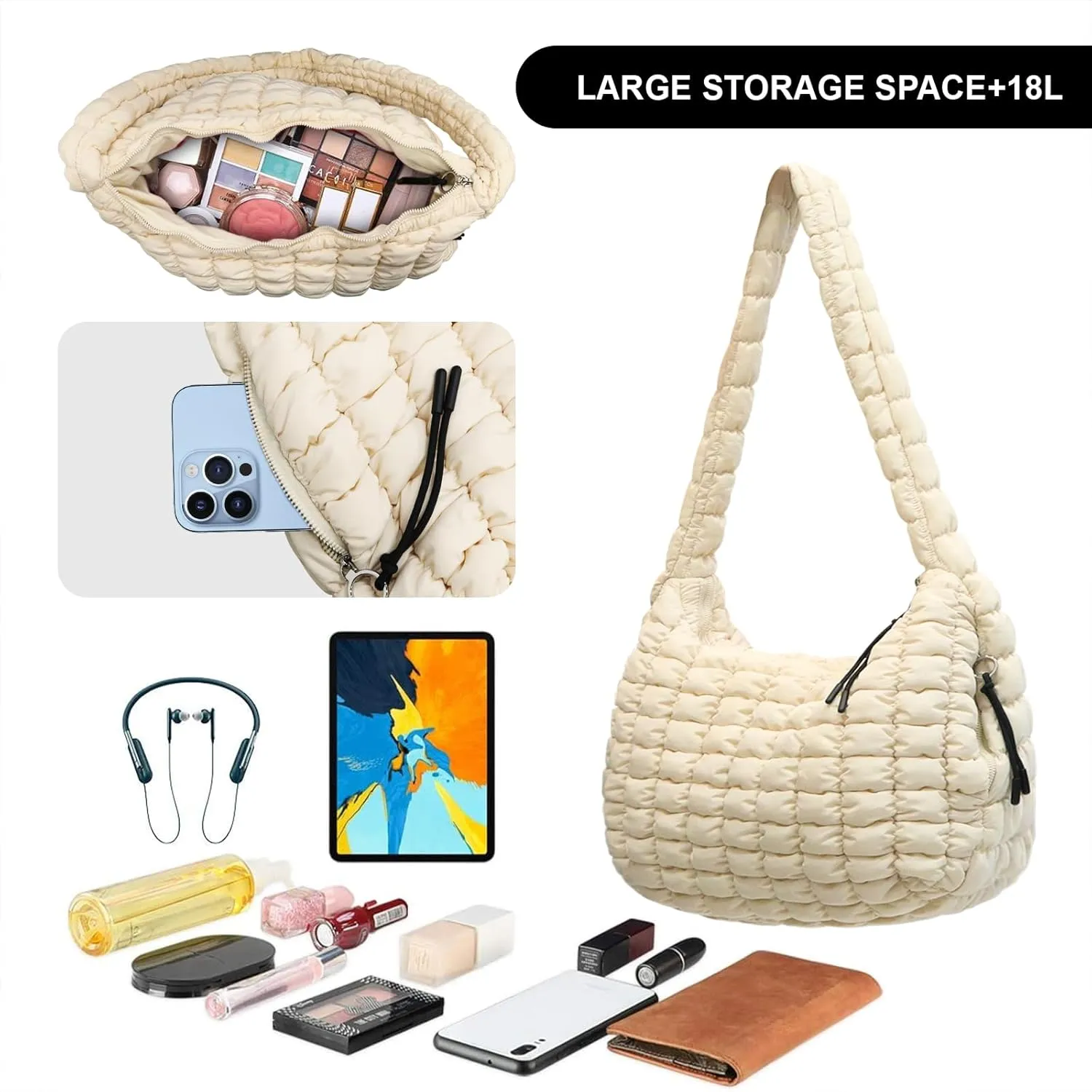 Large Puffer Tote Bag for Women Quilted Crossbody Bag, Hobo Quilted Tote Bag Crossbody Shoulder Handbags Puff Purse