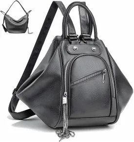 Leather Convertible Backpack Purse for Women, Waterproof Casual Crossbody Tote Backpack, Sling Bag for Women Shoulder Chest Waist Bag, Tassel Purse with Card Holder for Travel Hiking Daily Use Work