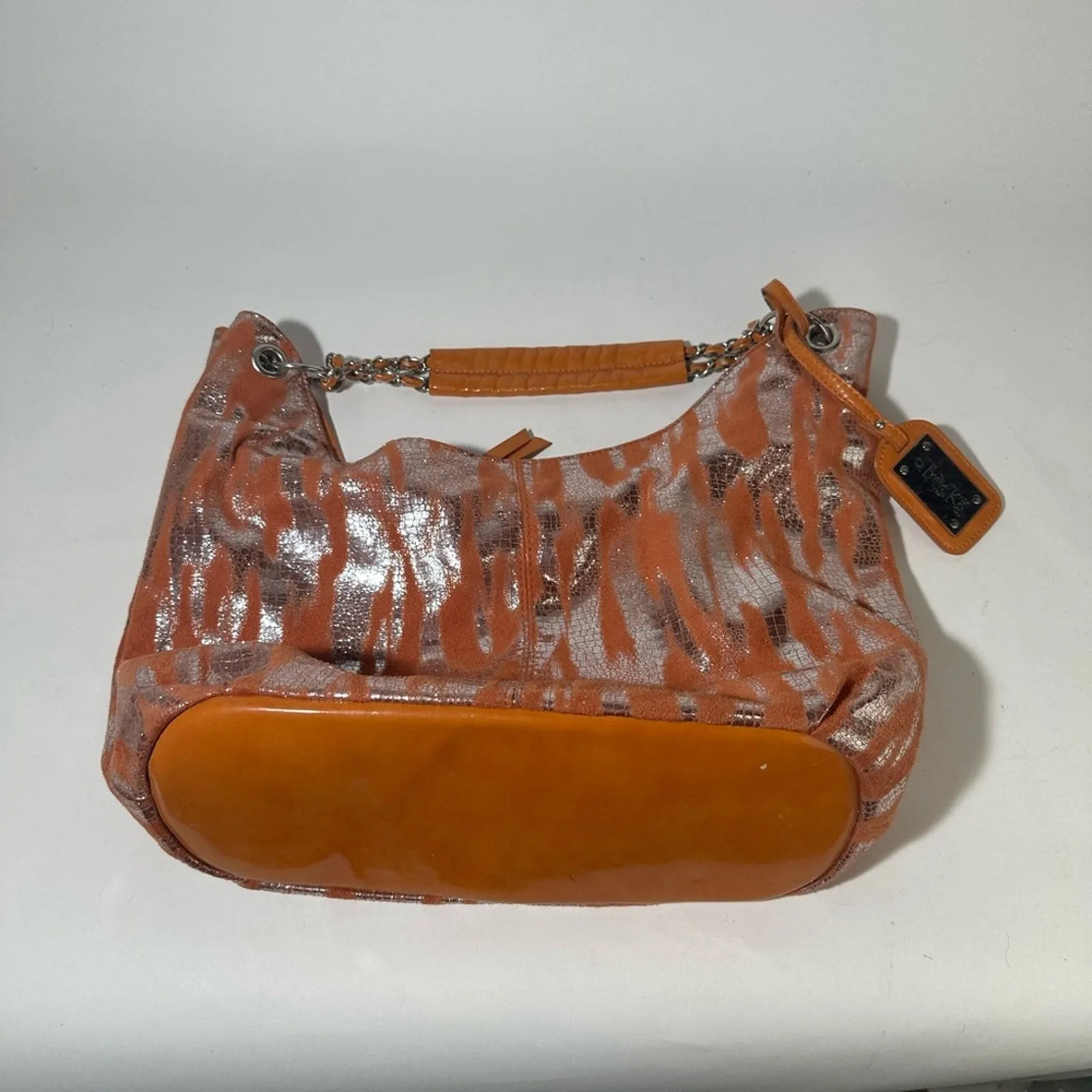 Orange and Silver Tiger Print Hobo Bag with Glossy Finish
