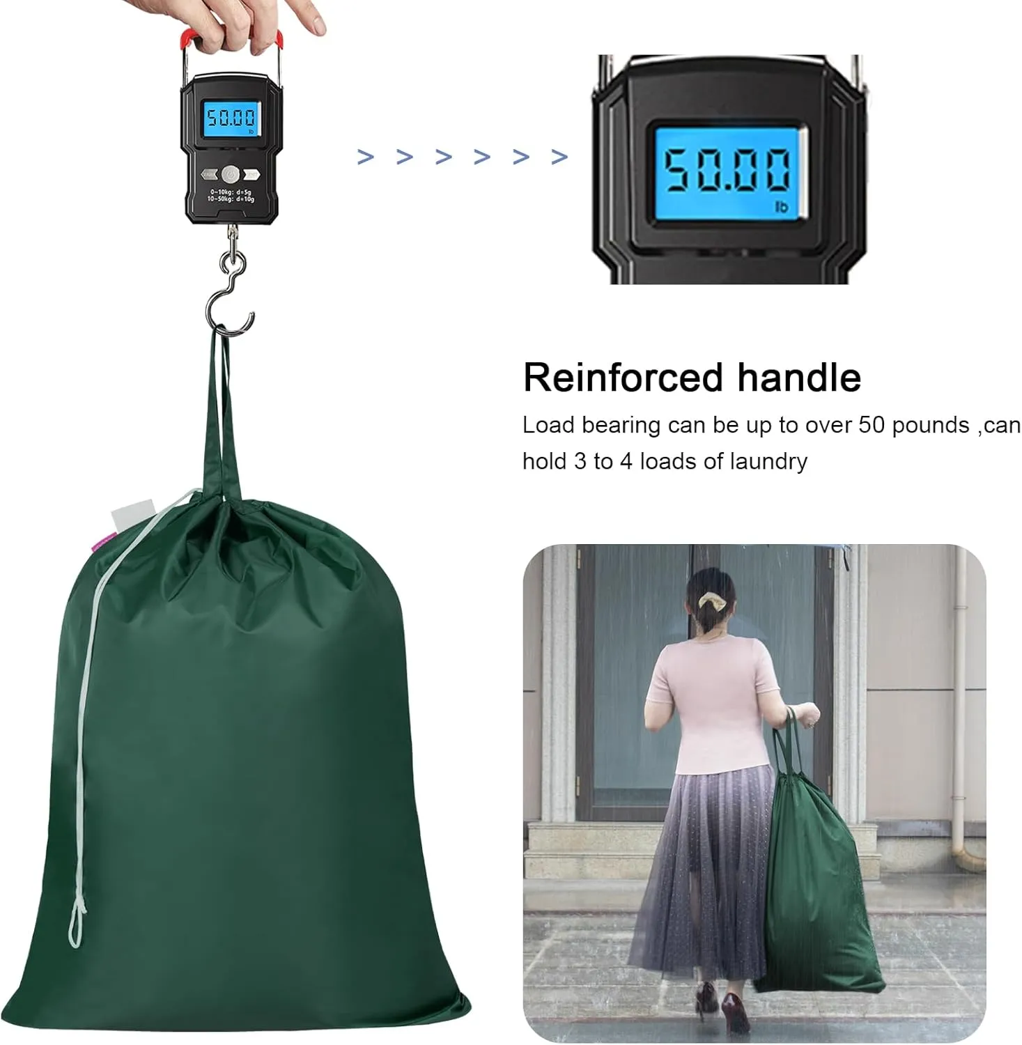 Polecasa Extra Large Heavy Duty Laundry Bag with 130gsm Tear Resistant Fabric and Handles, Easy to Carry Durable Dirty Clothes Drawstring Bag, Perfect for College Dorm,Travel, 28x36,Green
