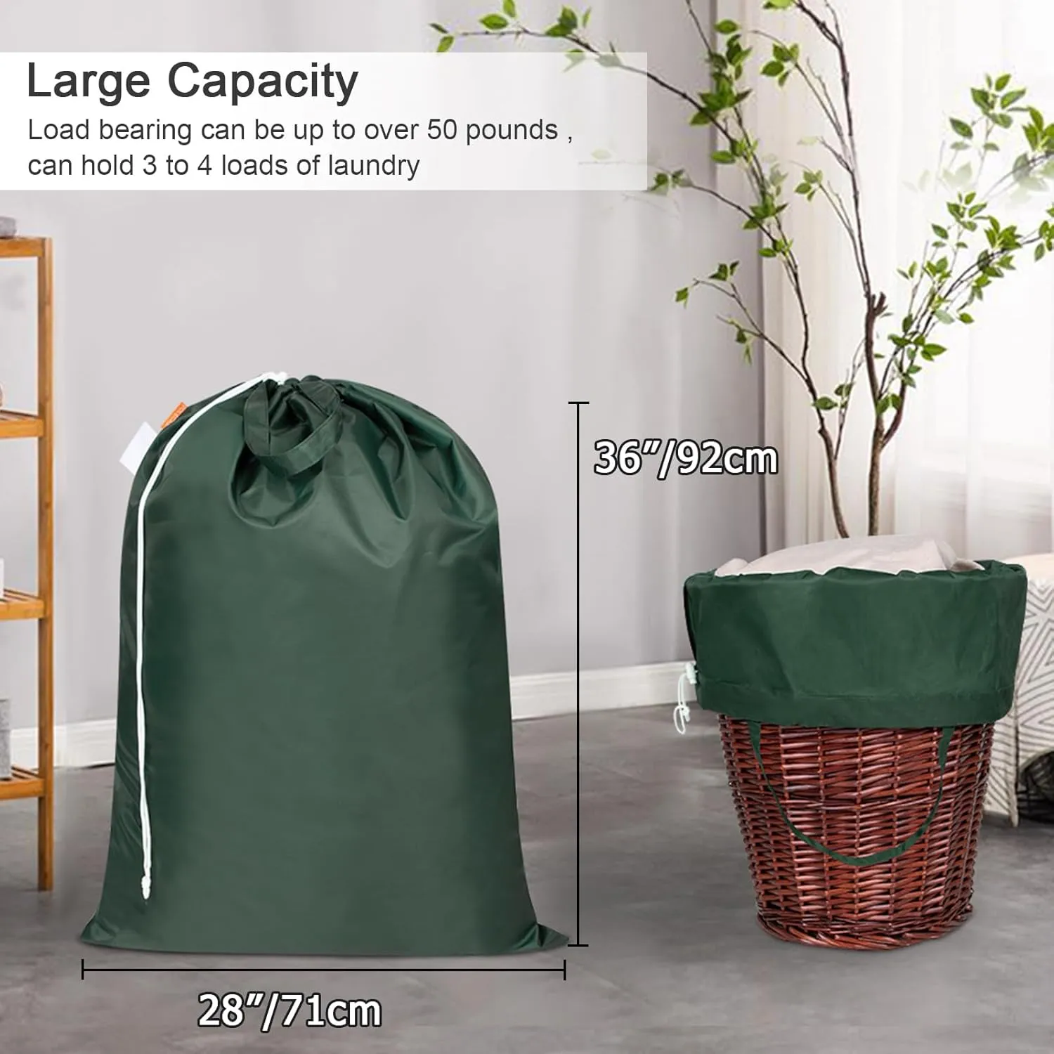 Polecasa Extra Large Heavy Duty Laundry Bag with 130gsm Tear Resistant Fabric and Handles, Easy to Carry Durable Dirty Clothes Drawstring Bag, Perfect for College Dorm,Travel, 28x36,Green