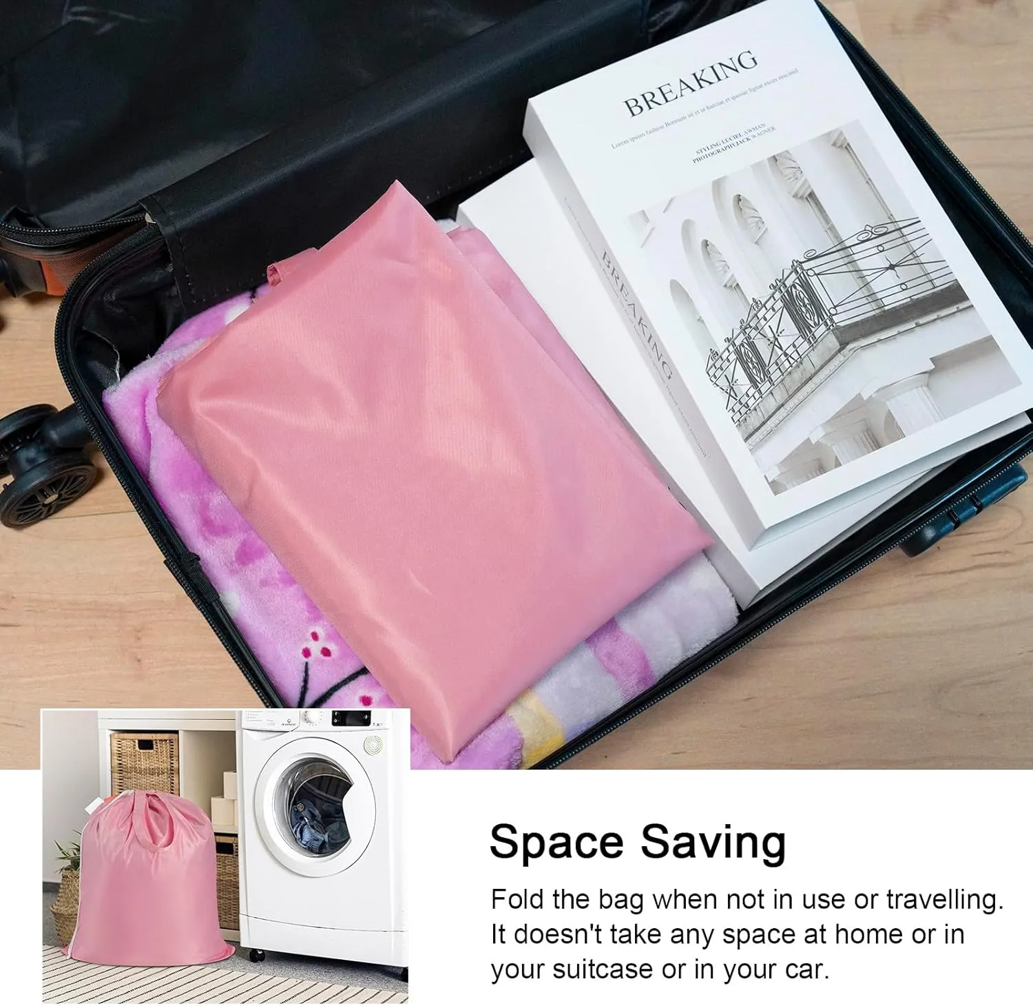 Polecasa Small Heavy Duty Laundry Bag with 130gsm Tear Resistant Fabric and Handles, Easy to Carry Durable Dirty Clothes Drawstring Bag, Perfect for College Dorm, Travel 21x24, Pink