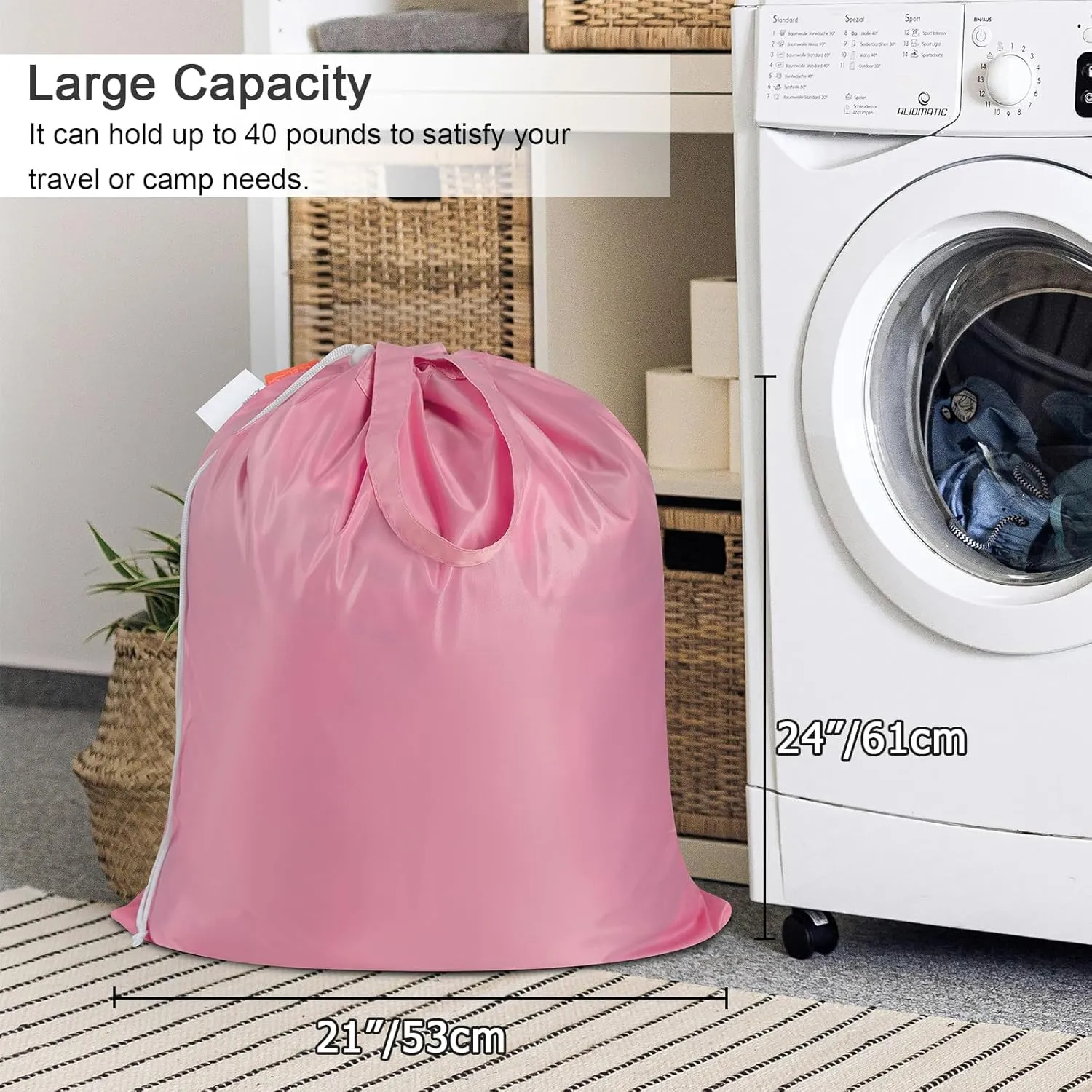 Polecasa Small Heavy Duty Laundry Bag with 130gsm Tear Resistant Fabric and Handles, Easy to Carry Durable Dirty Clothes Drawstring Bag, Perfect for College Dorm, Travel 21x24, Pink
