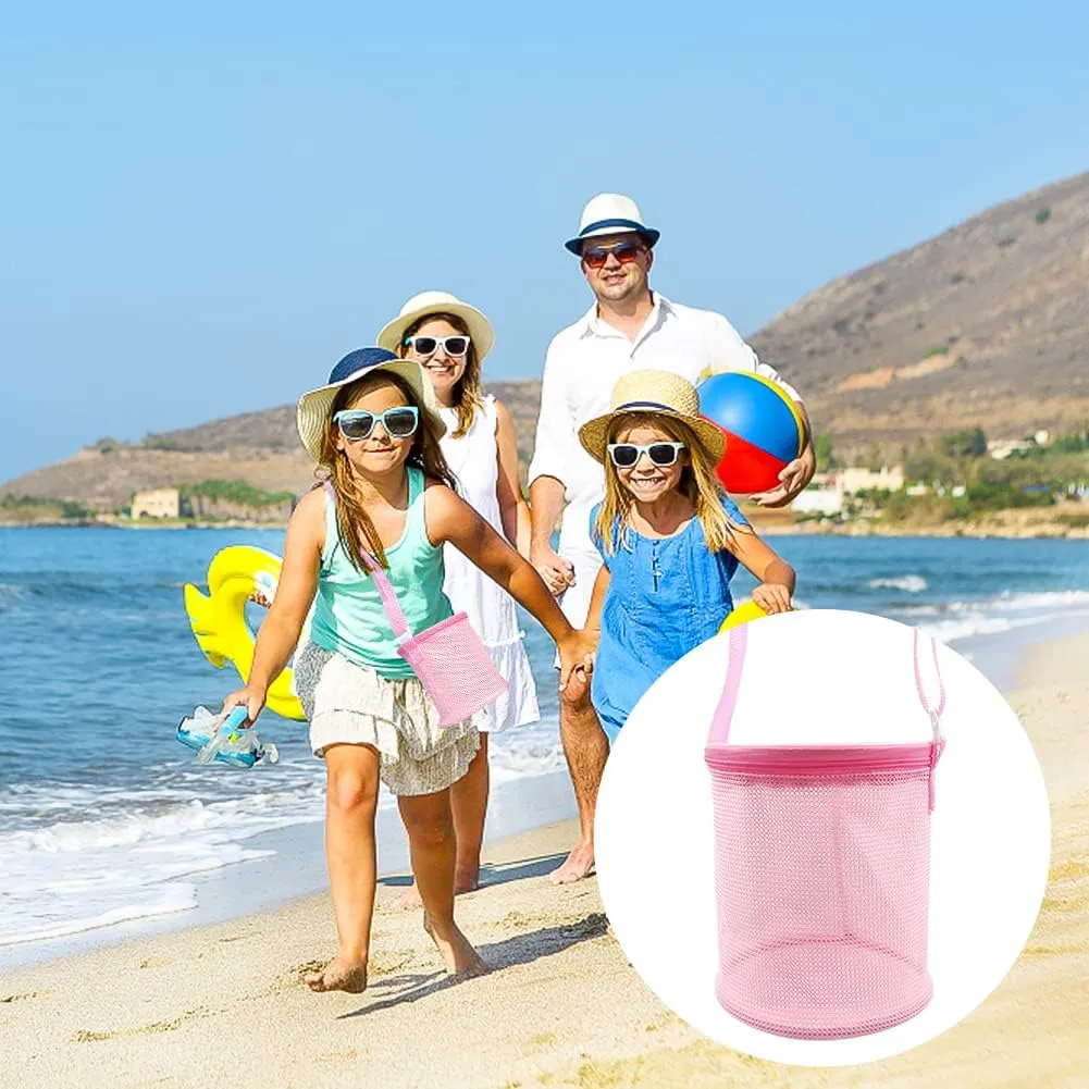 Shell Mesh Beach Toy Bag Shell Collecting Bag Sea Storage Shell Bag, Shell bag for Picking Up Shell Collecting Bucket Bags with Adjustable Shoulder Strap for Kids (Rose Red)