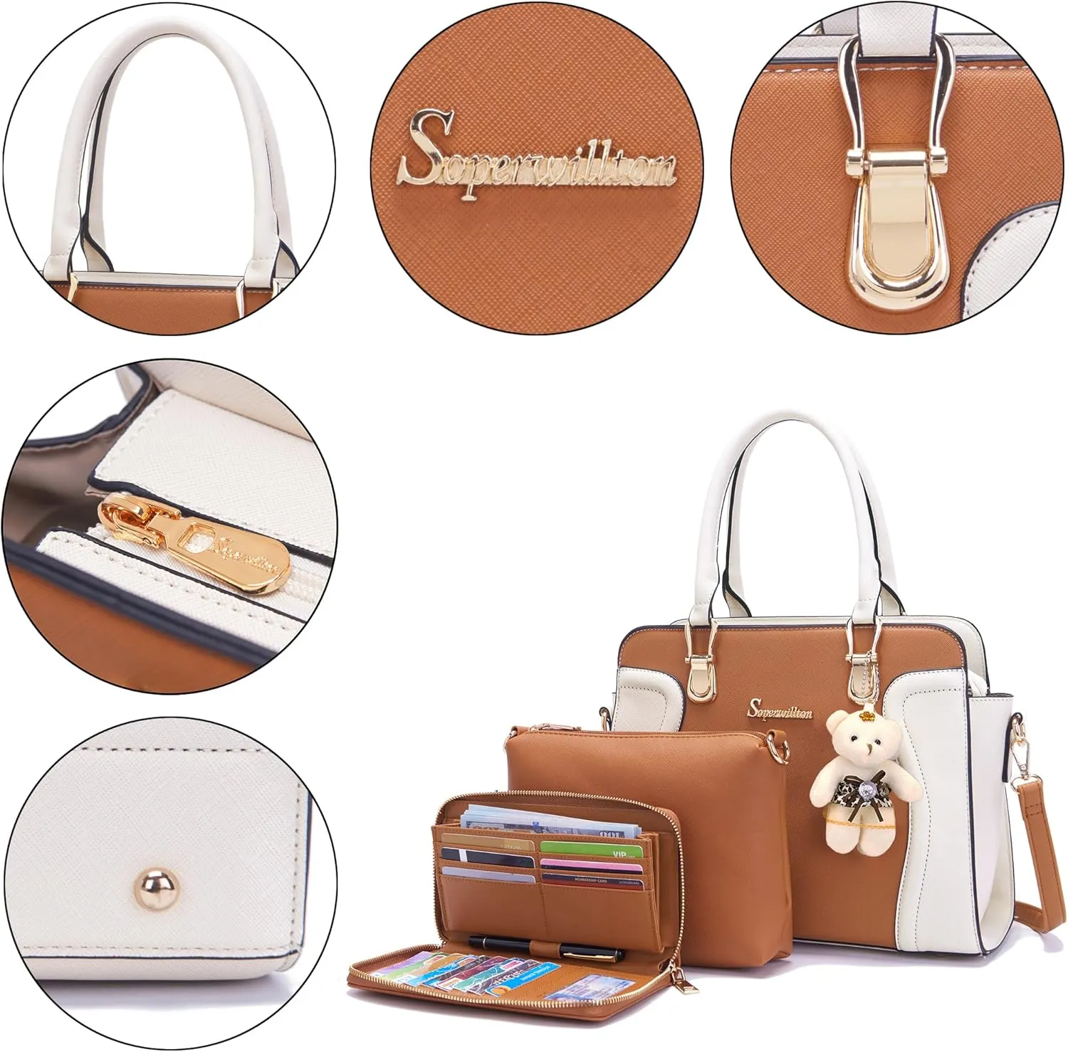 Soperwillton Purses for Women Crossbody Shoulder Handbags Top Handle Satchel Tote Bag Wallet Set 3pcs