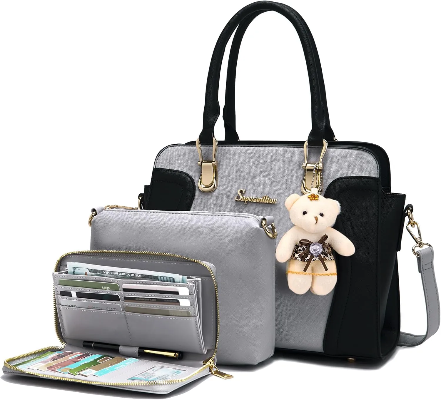 Soperwillton Purses for Women Crossbody Shoulder Handbags Top Handle Satchel Tote Bag Wallet Set 3pcs